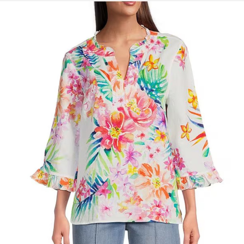 John Mark Floral Printed Split-V Neck 3/4 Ruffle Sleeve Top